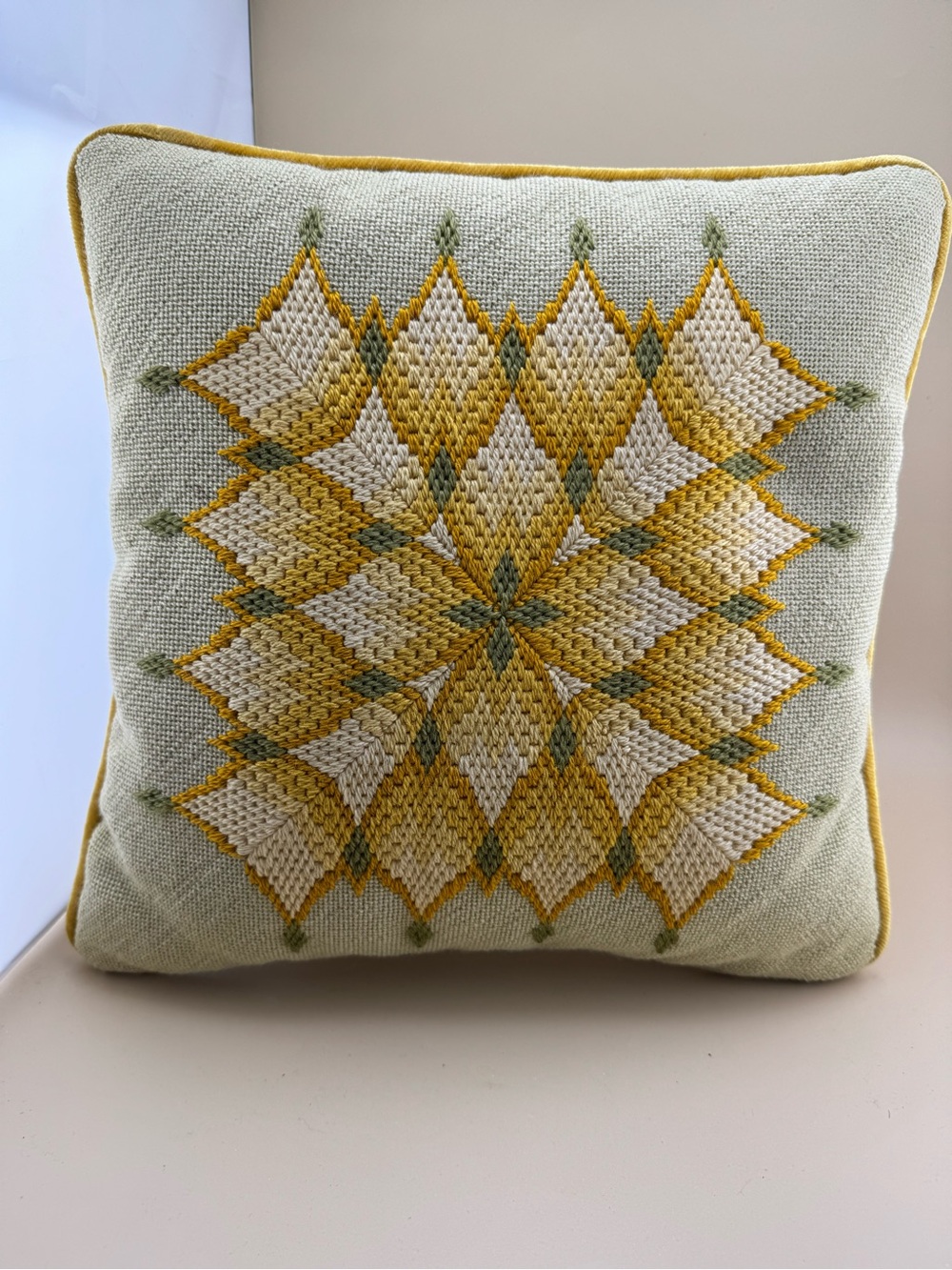 Vintage Needlepoint Throw Pillow Mustard Gold Green Geometric Starburst 12x12